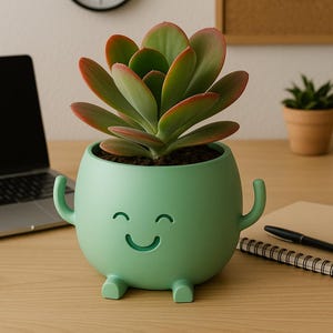 May include: A green ceramic planter with a smiling face, arms, and legs, holding a succulent plant with green and red leaves. The planter sits on a wooden desk, with a laptop, clock, and notepad in the background.