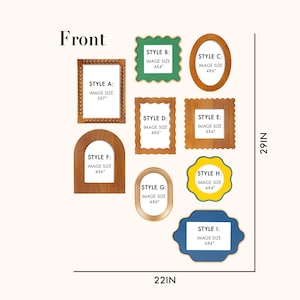 May include: A collection of nine wooden picture frames in various styles and shapes, including square, oval, and arched designs. The frames are arranged on a light beige background, with dimensions of 22 inches wide and 29 inches high.