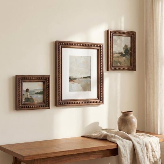Beaded Wood Picture Frames, Vintage Brown Gallery Wall Frame, Farmhouse Wall Decor, Assorted Sizes, Easy Hang Collage Kit, Neutral Home Gift