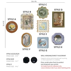May include: A collection of eight decorative picture frames labeled Style A through H, featuring various shapes and patterns. The frames include circular, rectangular, oval, and scalloped designs. Text indicates image sizes of 4x4 inches, 5x7 inches, and 4x6 inches, with a total display area of 28.5 by 20.4 inches. Includes wall mounting hardware and clear acrylic fronts.