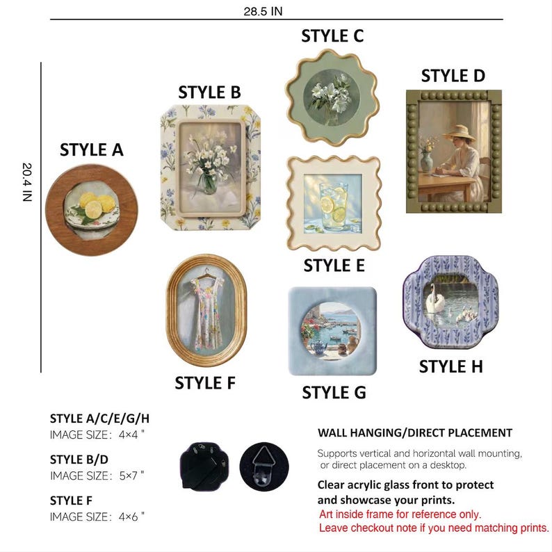 May include: A collection of eight decorative picture frames labeled Style A through H, featuring various shapes and patterns. The frames include circular, rectangular, oval, and scalloped designs. Text indicates image sizes of 4x4 inches, 5x7 inches, and 4x6 inches, with a total display area of 28.5 by 20.4 inches. Includes wall mounting hardware and clear acrylic fronts.