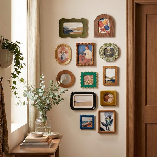 Vintage fotolijst gemengde stijl, muur- en tafelbladgalerij muurlijsten voor huisdecor, eclectische kleurrijke collagekit, housewarmingcadeau