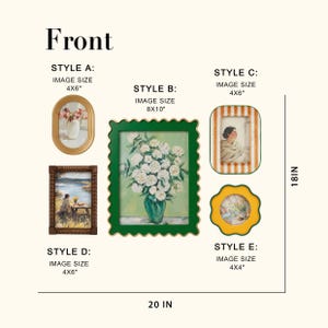May include: A collection of five picture frames labeled Style A through E. Style A is oval gold, B is a large scalloped green frame, C is a striped rectangular frame, D is a dark brown beaded frame, and E is a yellow scalloped frame. Dimensions are 4x6", 8x10", and 4x4".