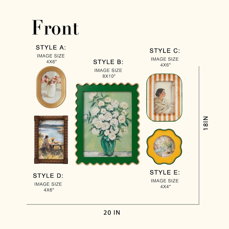 May include: A collection of five picture frames labeled Style A through E. Style A is oval gold, B is a large scalloped green frame, C is a striped rectangular frame, D is a dark brown beaded frame, and E is a yellow scalloped frame. Dimensions are 4x6", 8x10", and 4x4".