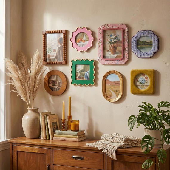 Vintage Wavy Gallery Wall Frame Set, Assorted Wall Art Picture Frames, Boho Collage Photo Frames for Home Decor, Unique Housewarming Gift