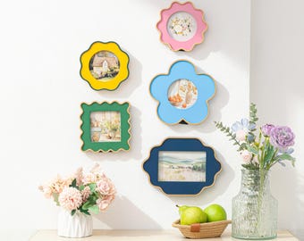 Colorful Photo Frame – Modern Wavy Frames Pink Yellow Blue Green Navy, 4x4 & 6x4 Gallery Wall Art Kids Room Decor Gift, Individual/Full Set
