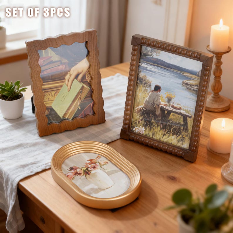 Gallery Wall Frames – 9 Styles (4x4–6x4),Retro-inspired Mixed Wood Colorful Picture Frames,Boho Cottage Photo Display,Individual or Full Set SET OF 3PCS as shown