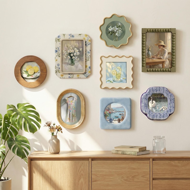 May include: A gallery wall arrangement featuring eight diverse picture frames. The collection includes a round wooden frame, a floral rectangular frame, a scalloped gold frame, a square scalloped frame, a beaded olive frame, an oval gold frame, a blue square frame, and a purple patterned frame, each displaying unique artwork.