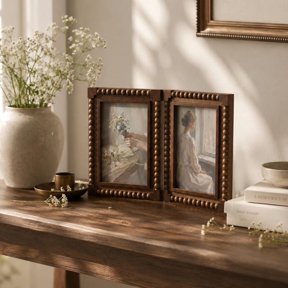 Vintage Beaded Bobbin Double 5x7 Picture Frame,  Hinged Dual Frame Diptych Frame, Rustic Cottagecore Home Decor, Farmhouse Boho Home Decor