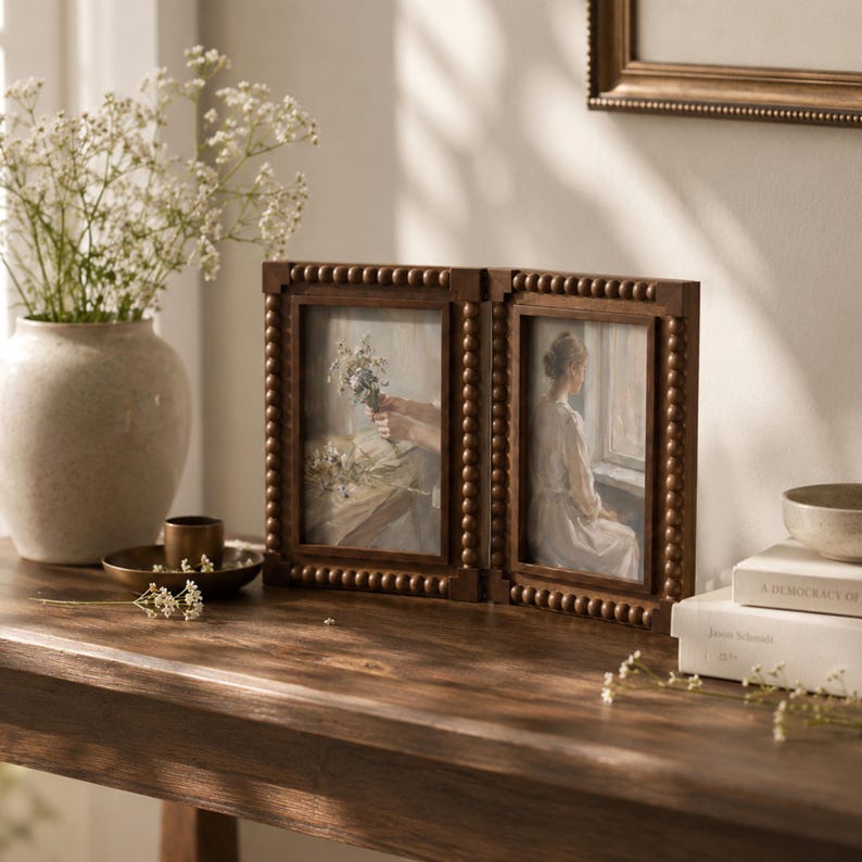 Vintage Beaded Bobbin Double 5x7 Picture Frame, Hinged Dual Frame Diptych Frame, Rustic Cottagecore Home Decor, Farmhouse Boho Home Decor image 1