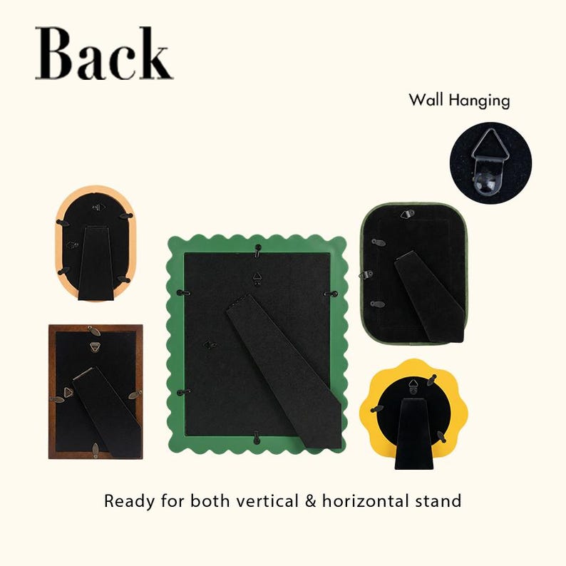 May include: Five picture frames shown from the back, featuring black backing, easel stands, and metal swivel clips. The frames include oval, rectangular, scalloped, and flower shapes. Text reads Back, Wall Hanging, and Ready for both vertical & horizontal stand.
