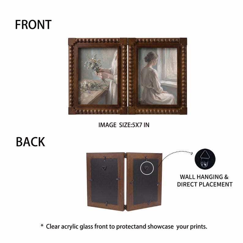 May include: A hinged double picture frame with a dark brown wood finish and beaded detailing. The frame holds two 5x7 inch images. The back features metal triangular hangers for wall mounting or direct placement on a flat surface.