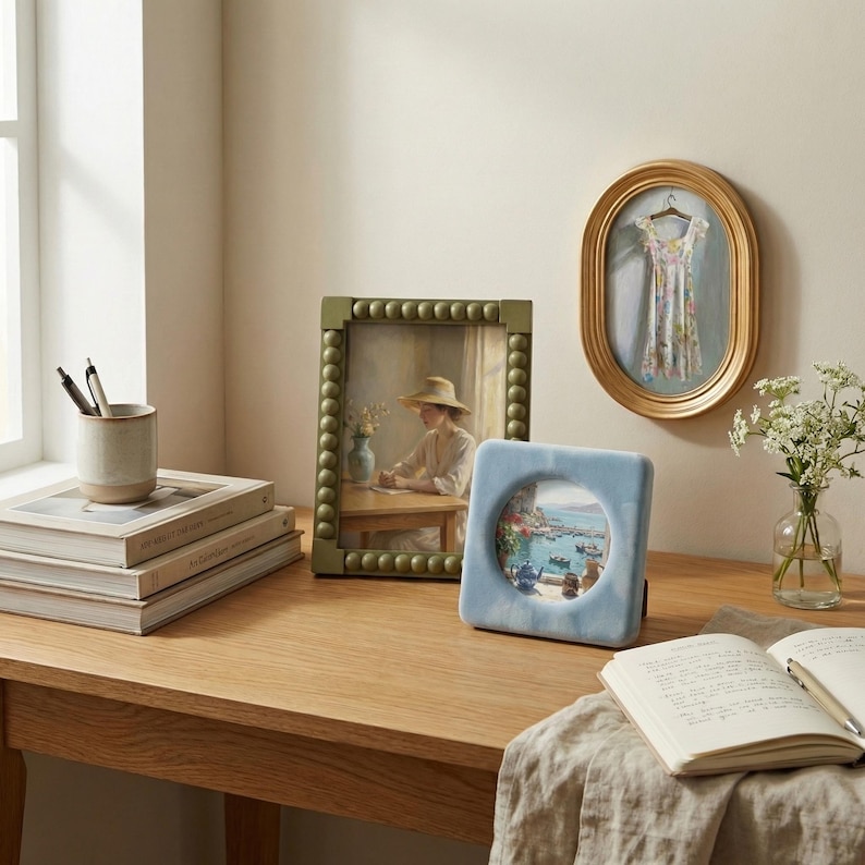 May include: A collection of home decor items including a rectangular olive green beaded picture frame, an oval gold picture frame, and a square light blue velvet picture frame. Also featured are a ceramic pen holder and stacked books.