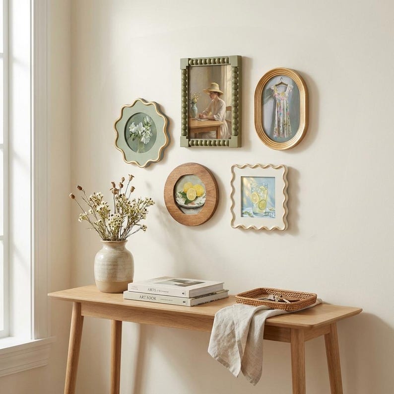 May include: A gallery wall arrangement featuring five decorative frames in various shapes and colors, including a scalloped green frame, a beaded rectangular frame, an oval gold frame, a round wood frame, and a scalloped white frame.