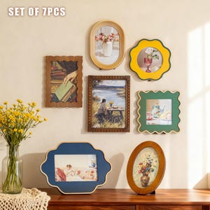 Gallery Wall Frames – 9 Styles (4x4–6x4),Retro-inspired Mixed Wood Colorful Picture Frames,Boho Cottage Photo Display,Individual or Full Set SET OF 7PCS as shown