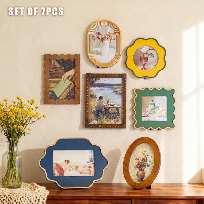 Gallery Wall Frames – 9 Styles (4x4–6x4),Retro-inspired Mixed Wood Colorful Picture Frames,Boho Cottage Photo Display,Individual or Full Set SET OF 7PCS as shown