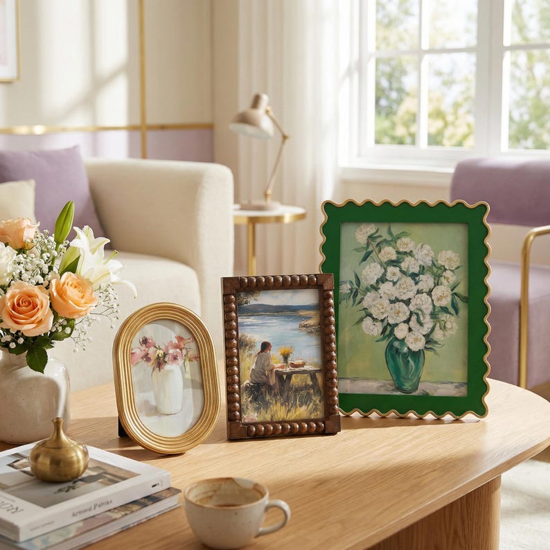 May include: Three picture frames on a wooden table: an oval gold frame with a floral print, a rectangular brown beaded frame with a landscape print, and a rectangular green scalloped frame with a white flower bouquet print.