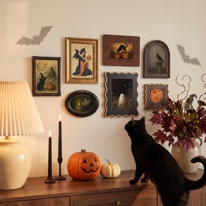 Set med läskiga vintageväggar | Whimsigoth Dark Academia-tavelramar | Halloween-väggdekorationer, fotoramar med spöken, häxor och fladdermus, present
