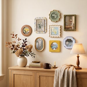 Puede incluir: Una composición de pared de galería con ocho marcos de fotos de diversas formas y colores, incluyendo diseños redondos, ovalados, festoneados y rectangulares, sobre una mesa de madera con un jarrón de flores secas y una lámpara.