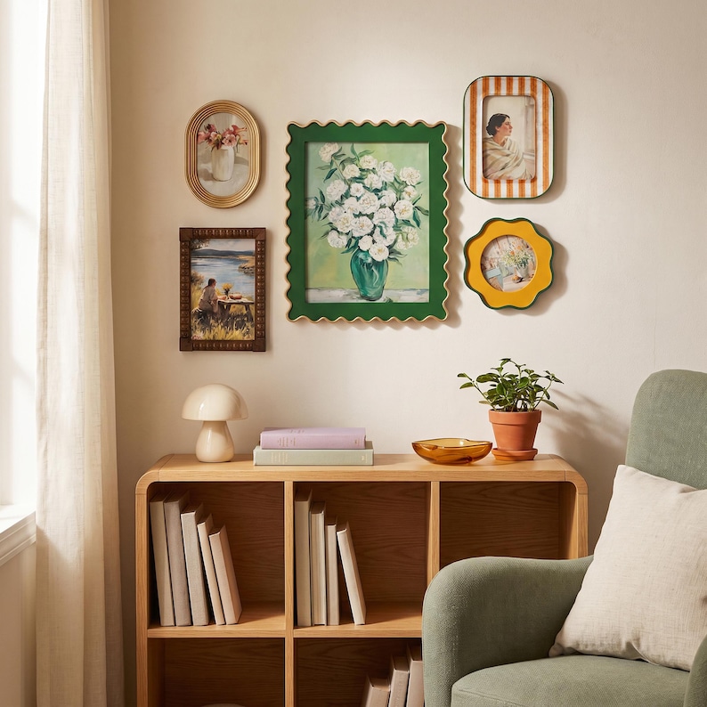 May include: A gallery wall arrangement featuring five diverse picture frames, including a large scalloped green frame with a floral painting, surrounding a wooden bookshelf with books, a mushroom lamp, and a small potted plant.