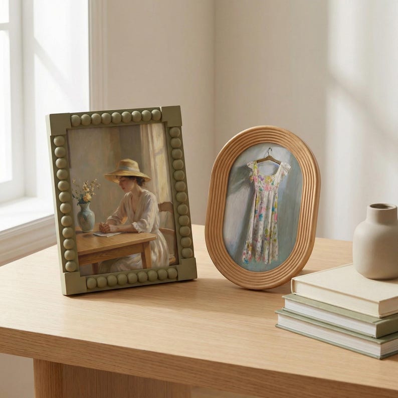 May include: A rectangular sage green picture frame with a beaded border containing a painting of a person in a hat at a table, and an oval light wood frame with a ribbed texture containing a painting of a floral dress on a hanger.