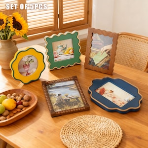 Gallery Wall Frames – 9 Styles (4x4–6x4),Retro-inspired Mixed Wood Colorful Picture Frames,Boho Cottage Photo Display,Individual or Full Set SET OF 5PCS as shown