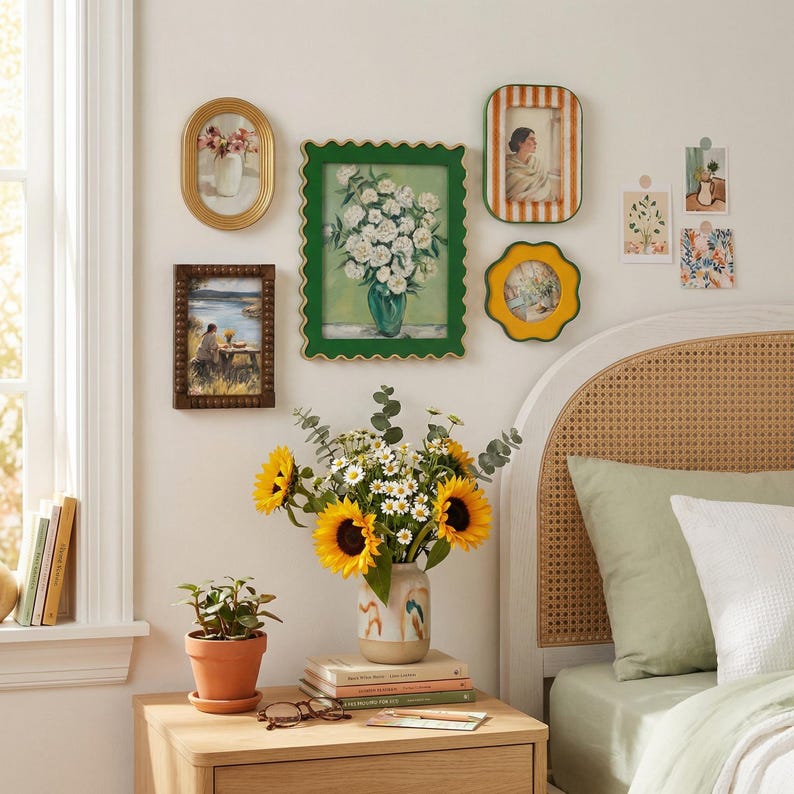 May include: A gallery wall featuring five framed art prints and three small cards above a nightstand. A ceramic vase holds sunflowers and daisies next to a potted plant, a stack of books, and eyeglasses. A cane headboard sits beside the nightstand.