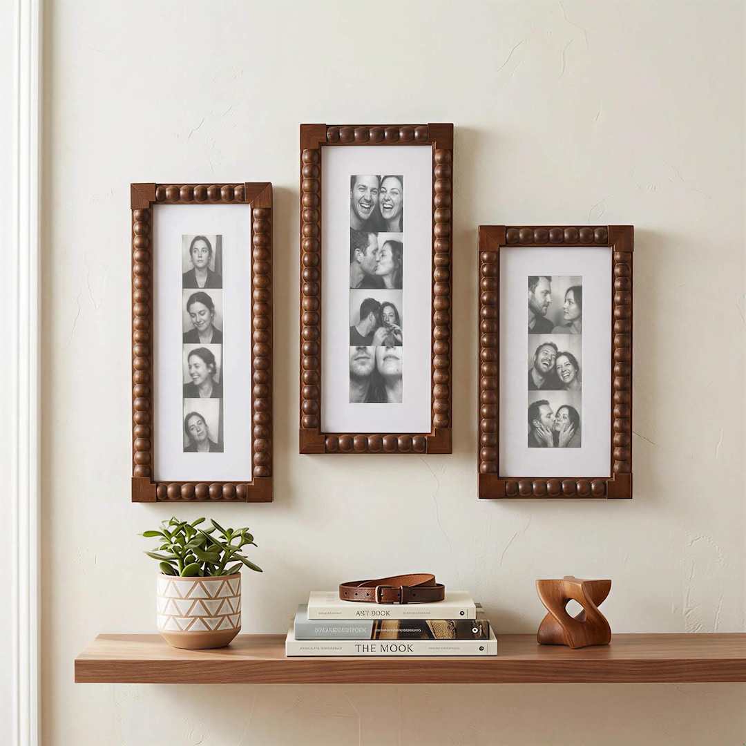 Vintage Beaded Wood Photo Booth Frame 2x6"/2x8"/4x20cm Collage Frames - Wall & Tabletop Display for Family Portraits (Single/Set) - 3-Piece Set