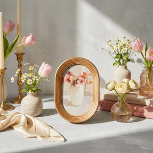 May include: An oval wooden picture frame with a ribbed texture containing a print of a floral arrangement. The frame is surrounded by two brass candlesticks with cream candles, three small vases with pink tulips and daisies, and a silk cloth.