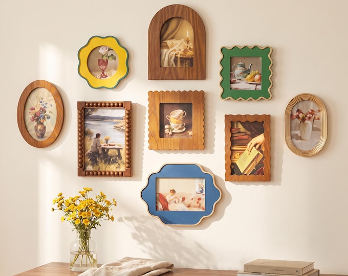 Vintage Photo Frame Set, Multi Shape Gallery Wall Picture Frames, Boho Frames for Tabletop & Wall Mount | Family Memory Display Frames Gift