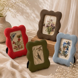 May include: Four rectangular picture frames with wavy, scalloped edges and a textured corduroy finish. The frames are red, dark brown, olive green, and light blue, each containing a different botanical or bird-themed illustration print.