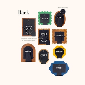 May include: A variety of decorative picture frames, each with a unique style. The image shows the backs of the frames, highlighting their stand and wall-hanging features. Styles include square, oval, and uniquely shaped frames in various colors.