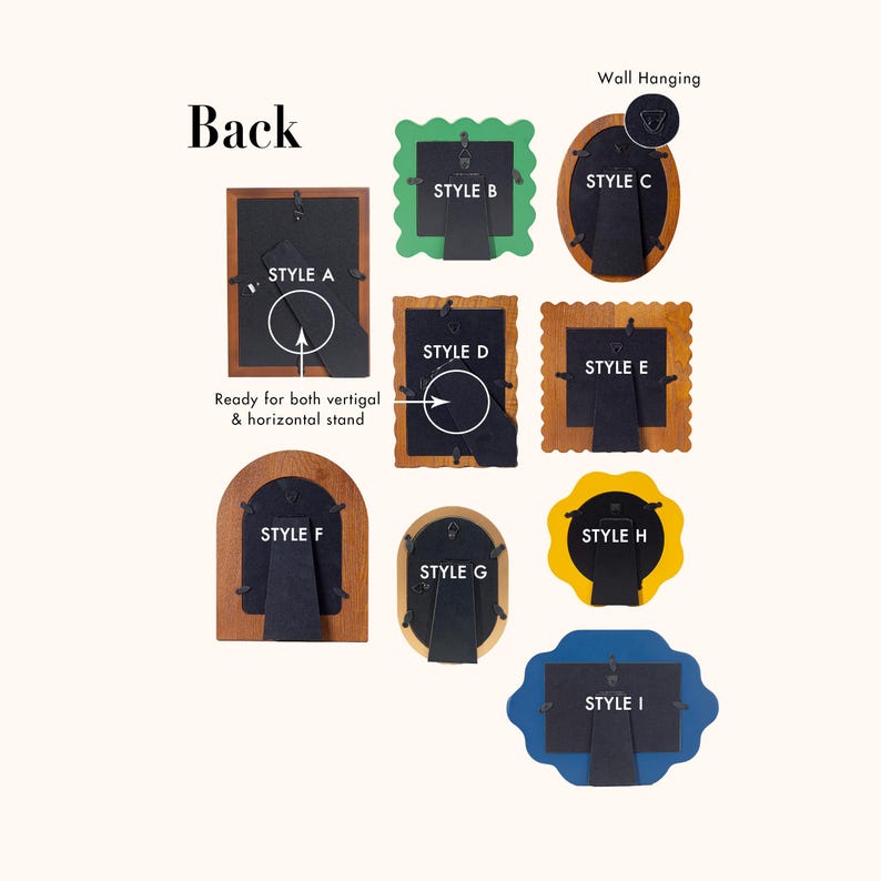 May include: A variety of decorative picture frames, each with a unique style. The image shows the backs of the frames, highlighting their stand and wall-hanging features. Styles include square, oval, and uniquely shaped frames in various colors.