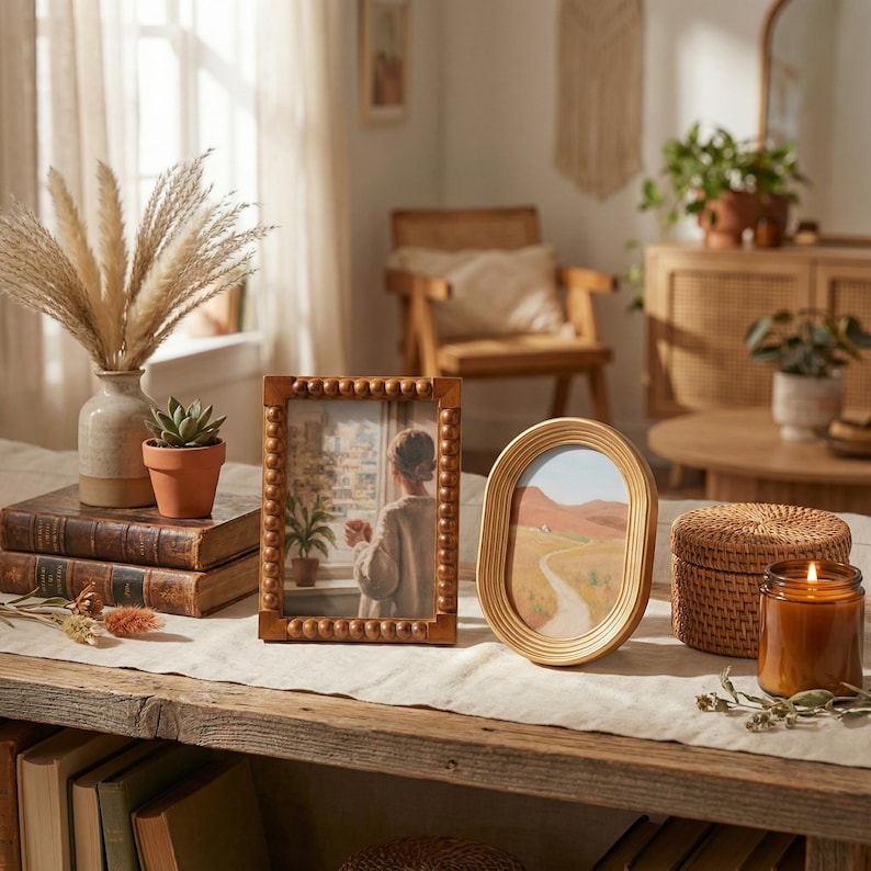 Vintage vågiga tavelramar för väggdekorationer, blandade väggkonstramar, bohemiska collagefotoramar för heminredning, unik inflyttningspresent 2-Piece Set B