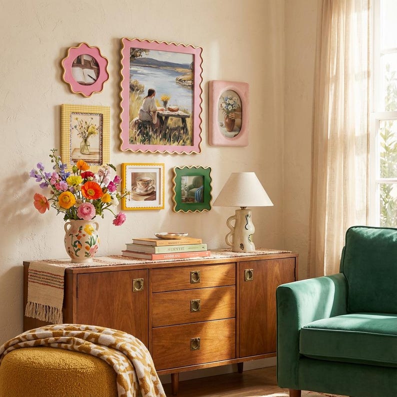 May include: A collection of framed art pieces in various shapes and sizes, including a landscape painting and floral still lifes. The frames are in shades of pink, yellow, and green, arranged on a cream-colored wall. A wooden cabinet with a lamp and a vase of flowers completes the scene.