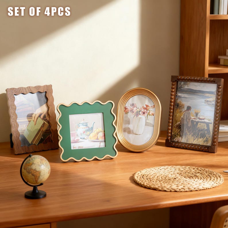 Gallery Wall Frames – 9 Styles (4x4–6x4),Retro-inspired Mixed Wood Colorful Picture Frames,Boho Cottage Photo Display,Individual or Full Set SET OF 4PCS as shown