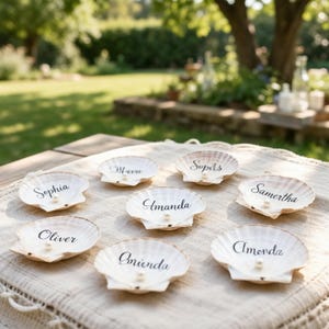 May include: Eight seashell place cards with names written in black script. Each shell has a small pearl. The names include Sophia, Mara, Soper, Samertha, Oliver, Amanda, Anienda, and Amonda. The shells are arranged on a beige tablecloth.
