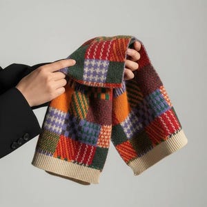 May include: A colorful patchwork scarf with a beige ribbed trim. The scarf features a variety of geometric patterns in shades of orange, red, green, purple, and brown. The scarf is made of a soft, knitted material.