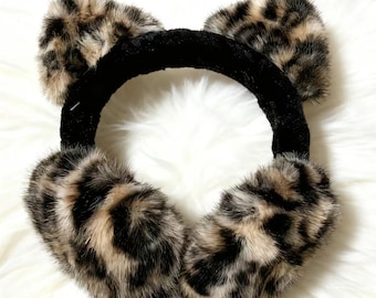 Cozy Leopard Print Cat Ear Earmuffs, Perfect Gift for Her. Aesthetic Winter Ear Warmers, Cute Animal Ear Muffs for Christmas, Y2K Trend.