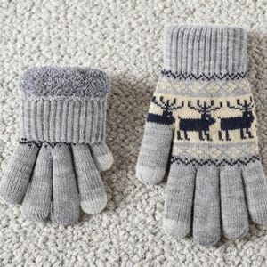 Men's Winter Gloves Fleece Lined with Deer Pattern, Warm Knit Five Finger for Cycling, Christmas Gift for Him, Touchscreen  Winter Fashion