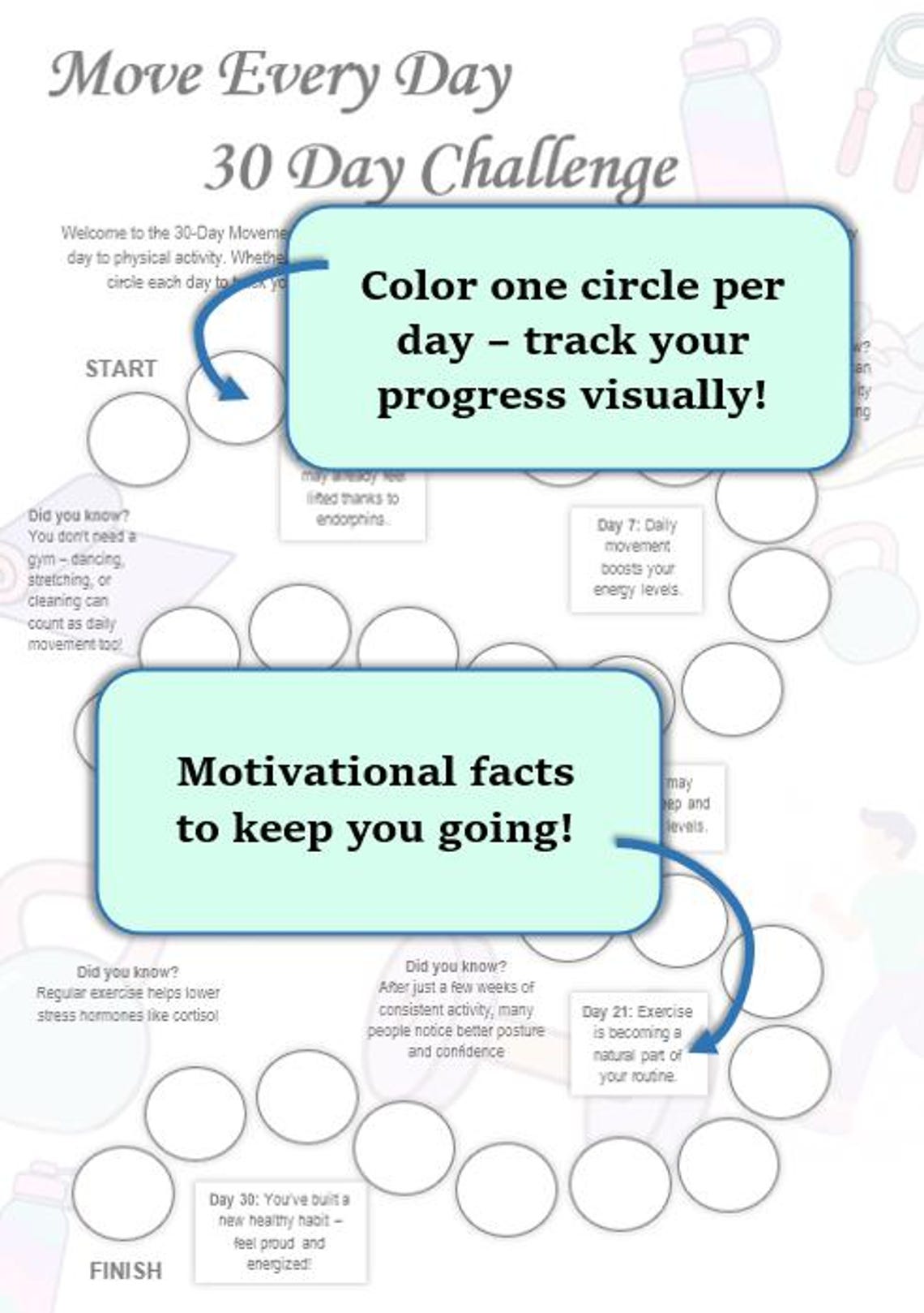 30 Day Fitness Challenge Printable: Habit Tracker, Exercise Path ...