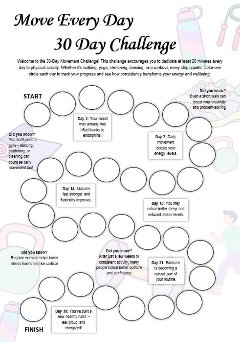 30 Day Fitness Challenge Printable: Habit Tracker, Exercise Path ...