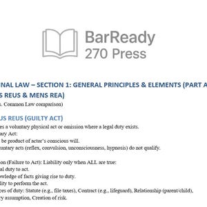 Puede incluir: Un documento blanco con texto negro que detalla los principios del derecho penal, incluyendo Actus Reus y Mens Rea. El documento es de BarReady 270 Press e incluye un logotipo de un libro abierto.