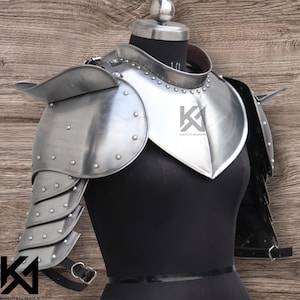 Ensemble d'armures de chevalier - Gorgerin et épaulettes médiévaux, armure de cou, d'épaules et de bras en acier 18G pour GN, cosplay, reconstitution et utilisation au théâtre