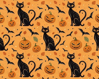 Tessuto in puro cotone con motivo di gatti neri e zucca - 1/2 iarda - 55 pollici di larghezza - Tessuto in cotone morbido