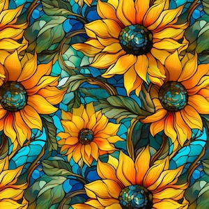 May include: A vibrant, repeating pattern featuring large sunflowers in full bloom. The sunflowers have bright yellow petals and dark centers, set against a stained-glass style background of blue and green. The design evokes a sense of warmth and natural beauty.