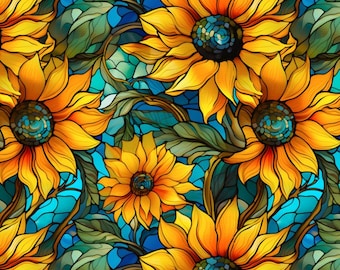 Stained-Glass-Sunflower Pattern Pure Cotton Fabric-By 1/2 Yard-55inches Wide-Soft Cotton Fabic