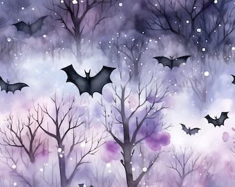 Muted Purple Bat Tree Seamless Fabric, Watercolor Halloween Material For Crafts  By 1/2 Yard