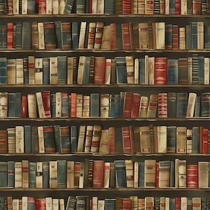 Può includere: Un motivo ripetitivo di scaffali pieni di vari libri con copertina rigida in tonalità di rosso, blu, marrone e crema. I libri sono disposti verticalmente e orizzontalmente su più ripiani, mostrando diversi design dei dorsi.