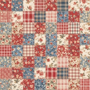 May include: A patchwork fabric featuring a repeating grid of square blocks. The pattern alternates between red and white plaid, blue and white plaid, and various floral prints in shades of red, blue, cream, and green, all joined by white stitching.